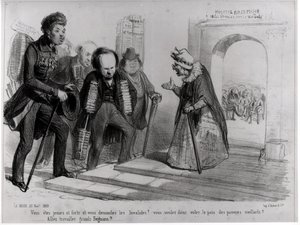 Dumas, Hugo et Balzac hakevat pääsyä Ranskan akatemiaan, kuvitus "La Modesta", 23. marraskuuta 1839 (kaiverrus) (bw kuva)