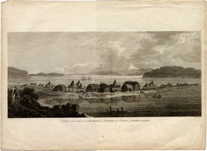 Näkymä Petropavlovsk-Kamchatskin kaupunkiin ja satamaan matkalta Tyynellemerelle, 1785 tekijältä Benjamin Thomas Pouncey