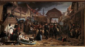 Sota 1870: "" Rekviraatiot Reichshoffenissa"" Froeschwiller Woerthin (Froeschwiller-Woerth) taistelu (tai Reichshoffenin taistelu) 6.8.1870 näki Preussin voiton - Benjamin Ullmannin maalaus (1818) 11829. Nancy, Lorrai-historian museo tekijältä Benjamin Ullmann