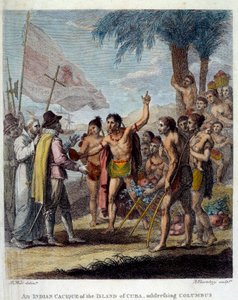 Intialainen Cacique Kuuban saarelta toivottaa tervetulleeksi Christopher Columbuksen (1451-1506) ja Euroopan armeijan ja kirkon edustajat keskustelemaan uuden valtion perustamisesta. Frontispice-julkaisun ”With-Britannian siirtokuntien siviili- ja kaupalli tekijältä Benjamin West