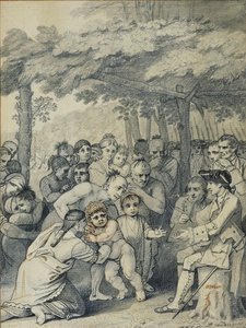 Intiaanit toimittavat englantilaisia vankeja eversti Bouquetille lähellä hänen leiriään Muskingumissa, Pohjois-Amerikassa marraskuussa 1764, noin 1769 (muste ja pesu paperille) tekijältä Benjamin West
