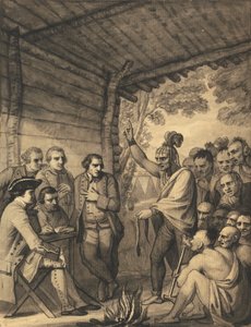 Intiaanit puhuvat eversti Bouquetille konferenssissa neuvoston tulipalossa lähellä hänen leiriään Muskingumin rannoilla Amerikassa, lokakuussa 1764, 1765 tekijältä Benjamin West