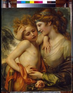 Amor lohduttavaa Venusta pistää mehiläinen. (Venus lohduttaa Cupidoa mehiläisen pistosta). Benjamin Westin (1738-1820) maalaus öljy kankaalle