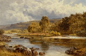 Saari LLugwylla aivan Capel Curigin alapuolella, Pohjois-Wales (öljy kankaalle) tekijältä Benjamin Williams Leader