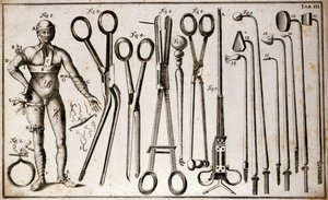 Erilaiset pihdit ja kirurgiset instrumentit. Mies, jolla on yllään erilaisia tourniiteja ja siteitä. Benoist Louis Prevostin (1735-1809) kuvaama leikkauslevy. 1700-luvulla