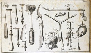 Kirurginen lauta, joka edustaa erilaisia kirurgisia instrumentteja, vasaraa, kampasimpukkaa, veitsiä, aivojen poistoon. Kaiverrus Benoit Louis Prevost (1735-1809) 1700-luku