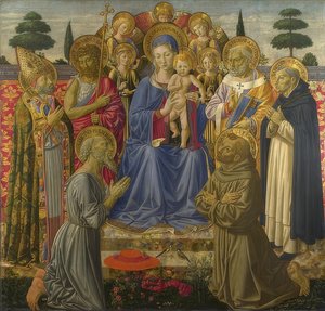 Madonna ja lapsi enkelien ja pyhimysten ympäröimänä. 1461-62