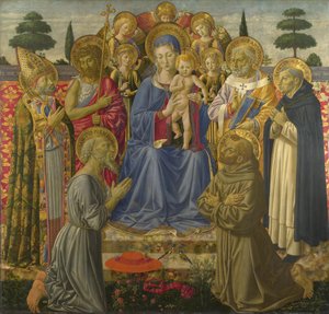 Neitsyt ja lapsi valtaistuimelle enkelien ja pyhien keskuudessa, 1460-luku