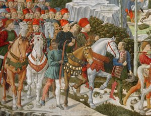 Galeazzo Maria Sforza, Milanon herttua (1444-76), äärivasemmalla, ruskealla hevosella ja Sigismondo Pandolfo Malatesta, Riminin hallitsija (1417-68) hänen vieressään harmaalla hevosella, yksityiskohta M-matkasta tekijältä Benozzo di Lese di Sandro Gozzoli