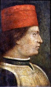 Punaisessa hatussa miehen pää (tempera paneelissa) tekijältä Benozzo di Lese di Sandro Gozzoli