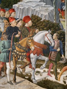 Muotokuvat: Piero deMedici muulin selässä, Cosimo deMedici keskellä ja herttua Salviati hevosen selässä, yksityiskohta kappelin maagisten matkasta, n.1460, fresko, yksityiskohta 70619. tekijältä Benozzo di Lese di Sandro Gozzoli