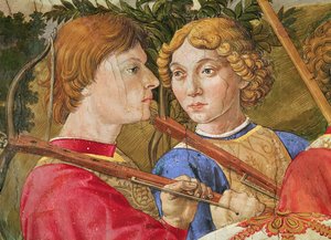 Magi-kulkue, Lorenzo Suuren johtama kulkue Magus Casparin hahmossa, yksityiskohta kahden varsijousimiehen päästä, 1459-1462