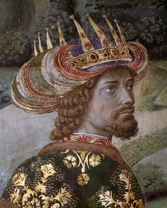 Jerusalemin tietäjien taikakorteesin matka Betlehemiin kutsuu italiaksi "Viaggio dei Magi" tai "Cavalcata dei Magi" Balthasarin yksityiskohta Johannes VIII:n paleologin, Bysantin keisarin (Johannes VII Palaiologos (tai Palaeologus)) piirteiden alla. Fresco tekijältä Benozzo di Lese di Sandro Gozzoli