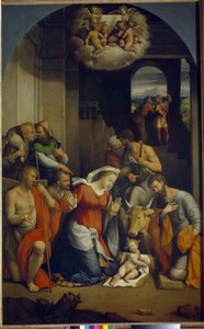 Kristus-lapsen palvonta (paimenten palvonta). (Kristuslapsen palvonta). Benvenuto Tisi Da Garofalon (1481-1559) maalaus öljy kankaalle tekijältä Benvenuto Tisi da Garofalo