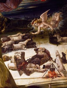 Enkeli ja paimenet, yksityiskohta Benvenuto di Giovannin (1436-ca 1518) alttaritaulusta syntymästä, maalaus puulle. tekijältä Benvenuto di Giovanni
