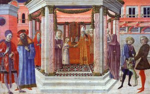 Marian esitys temppelissä, yksityiskohta Benvenuto di Giovannin (1436-1518) predellasta tekijältä Benvenuto di Giovanni