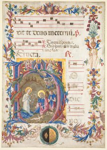 Yksittäinen lehti antifonaarista: Alkuperäinen H[odie nobis] ja The Nativity tekijältä Benvenuto di Giovanni