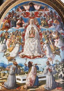 Neitsyt taivaaseenastuminen Pyhän Tuomasin kanssa, joka ottaa vyön pyhien Franciscus Assisilaisen ja Anthony Padovalaisen välillä, 1480-luku