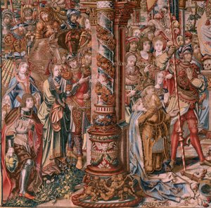 Flanderin kuvakudos. Sarja The Honours. Usko (La Fe). Ensimmäinen kuvakudos sarjassa. Mallisarjakuvapiirtäjät Bernard van Orleyn ja Jan Gossaertin (Mabuse) piiristä. Valmistus Pieter van Aelst, Bryssel. Noin 1550. Kangas Kulta, hopea, silkki ja villa.