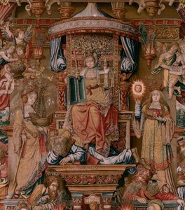 Flanderin kuvakudos. Sarja The Honours. Usko (La Fe). Ensimmäinen kuvakudos sarjassa. Mallisarjakuvapiirtäjät Bernard van Orleyn ja Jan Gossaertin (Mabuse) piiristä. Valmistus Pieter van Aelst, Bryssel. Noin 1550. Kangas Kulta, hopea, silkki ja villa.