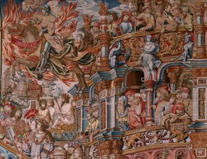 Flanderin kuvakudos. Sarja The Honours. Fame (La Fama). Sarjan kolmas kuvakudos. Mallisarjakuvapiirtäjät Bernard van Orleyn ja Jan Gossaertin (Mabuse) piiristä. Valmistus Pieter van Aelst, Bryssel. Noin 1550. Kangas Kulta, hopea, silkki ja villa.