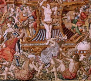 Flanderin kuvakudos. Sarja The Honours. Infamy (La Infamia). Sarjan kuudes kuvakudos. Mallisarjakuvapiirtäjät Bernard van Orleyn ja Jan Gossaertin (Mabuse) piiristä. Valmistus Pieter van Aelst, Bryssel. Noin 1550. Kangas Kulta, hopea, silkki ja villa.