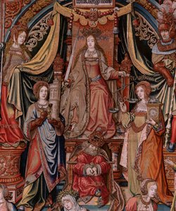 Flanderin kuvakudos. Sarja The Honours. Oikeus (La Justicia, Los Honores). Sarjan yhdeksäs kuvakudos. Mallisarjakuvapiirtäjät Bernard van Orleyn ja Jan Gossaertin (Mabuse) piiristä. Valmistus Pieter van Aelst, Bryssel. Noin 1550. Kangas Kulta, hopea,