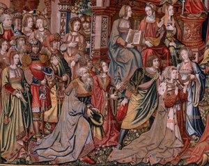 Flanderin kuvakudos. Sarja The Honours. Oikeus (La Justicia, Los Honores). Sarjan yhdeksäs kuvakudos. Mallisarjakuvapiirtäjät Bernard van Orleyn ja Jan Gossaertin (Mabuse) piiristä. Valmistus Pieter van Aelst, Bryssel. Noin 1550. Kangas Kulta, hopea,