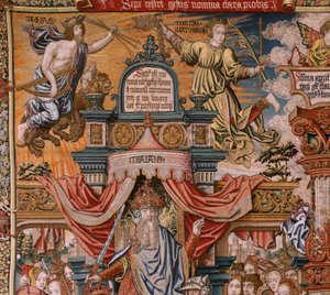 Flanderin kuvakudos. Sarja The Honours; Aatelisto (La Nobleza). Sarjan neljäs kuvakudos. Mallisarjakuvapiirtäjät Bernard van Orleyn ja Jan Gossaertin (Mabuse) piiristä. Valmistus Pieter van Aelst, Bryssel.Ca 1550. Kangas Kulta, hopea, silkki ja villa