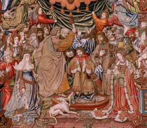 Flanderin kuvakudos. Sarja The Honours; Aatelisto (La Nobleza). Sarjan neljäs kuvakudos. Mallisarjakuvapiirtäjät Bernard van Orleyn ja Jan Gossaertin (Mabuse) piiristä. Valmistus Pieter van Aelst, Bryssel.Ca 1550. Kangas Kulta, hopea, silkki ja villa