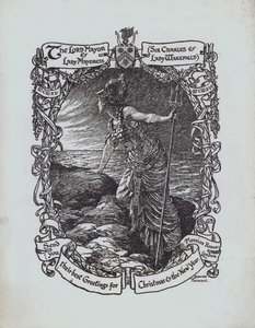 Britannia katselee merelle, ensimmäisen maailmansodan joulutervehdyskortti Lontoon Lord Mayorilta ja Lady Mayoressilta, Sir Charlesilta ja Lady Wakefieldiltä