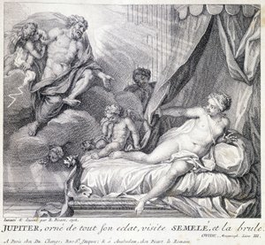 Jupiter (Zeus) polttaa Semelen salamallaan. Kaiverrus 1700-luvulta B. Picartin vuonna 1708 tehdyn piirustuksen jälkeen. tekijältä Bernard (after) Picart