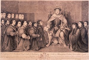 Kuningas Henrik VIII polvistuvien hahmojen ympäröimänä, 1736