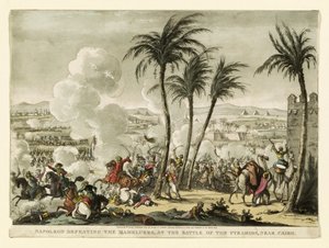 Napoleon voitti Mamelukit pyramidien taistelussa lähellä Kairoa, kaiverrus George Cruikshank (1769-1823), pub. 1823 (käsinvärinen kaiverrus)