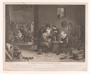 Majatalon sisustus korttihahmoilla Les Francs Maçons Flamands en Loge (otsikko esineessä) tekijältä Bernard François Lépicié