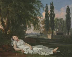 Nainen nukkumassa maisemassa kirjeen kanssa, n. 1800 (öljy kankaalle).