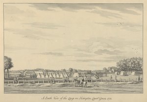 Eteläinen näkymä leiristä Hampton Court Greenissä 1731, 1731-33 (kynä ja musta muste ja pesu paperille) tekijältä Bernard III Lens