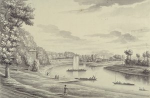 Länsinäkymä Hampton Court Ferrystä ja Hampton Churchista etäisyydellä, 1731-33 (kynä ja musta muste ja pesu paperille) tekijältä Bernard III Lens