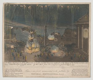 Ilotulitus Covent Gardenissa, 1809 (etsaus ja akvatintta, käsin värjätty) tekijältä Bernard II Lens