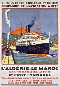 Mainosjuliste Ranskan rautateille, jotka kulkevat Algeriaan ja Marokkoon Ranskasta Limogesin, Toulousen, Narbonnen ja Port Vendresin kautta noin 1900. tekijältä Bernard Lachevre