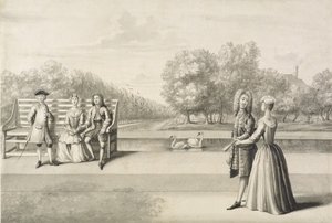 Figuurit Long Waterin rannalla, Hampton Court Palace (harmaa pesu kynällä ja musteella kynällä paperilla) tekijältä Bernard Lens