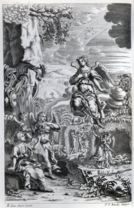 Arkkienkeli Uriel ilmoittaa Gabrielille, että Saatana on Eedenin puutarhassa, kuvitus John Miltonin teoksesta "Kadonnut paratiisi", kaiverrettu P.P Bouche, kuudes painos, 1695