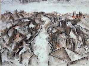 A Quiet Street (värinen liitupesu sinisellä musteella) tekijältä Bernard Meninsky