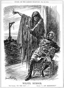 Punch-sarjakuva Lusitanian uppoamisesta, 1915
