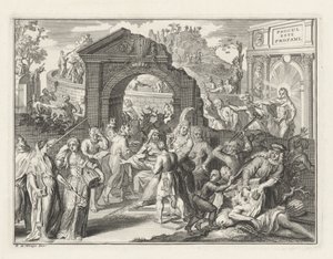Sarjakuva Schouwburgin kiistasta, n. 1685 tekijältä Bernard Picart (attributed to)