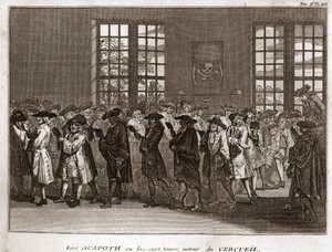 Juutalaisten surilaisten seurakunta suorittamassa "" Acafothia" hautajaisissa Kaiverrus aiheesta "" Kuvitus maailman kaikkien kansojen uskonnollisista seremonioista ja tavoista" Bernard Picart (1723-1743) 1819 Yksityinen kokoelma tekijältä Bernard Picart