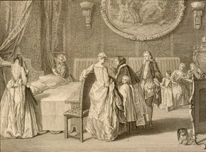 Avioliittovuoteen siunaus, kuvitus teoksesta "Uskonnolliset seremoniat ja tullit", 1724 tekijältä Bernard Picart