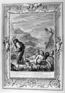 Deucalion ja Pyrrha valtaavat maailman heittämällä kiviä taakseen, 1733 tekijältä Bernard Picart