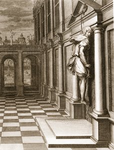 Iphis hirttää itsensä epätoivoon, koska hän ei voinut voittaa Anaxaretea, 1731 tekijältä Bernard Picart