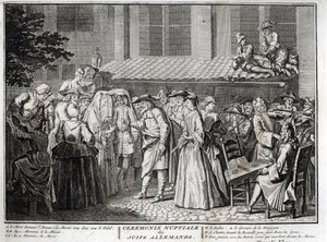 Juutalaiset häät juutalaissaksalaisessa yhteisössä Bernard Picartin (1723-1743) kaiverrus "" Illustration de ceremonies et customs religieuses de les peuples du monde" tekijältä Bernard Picart